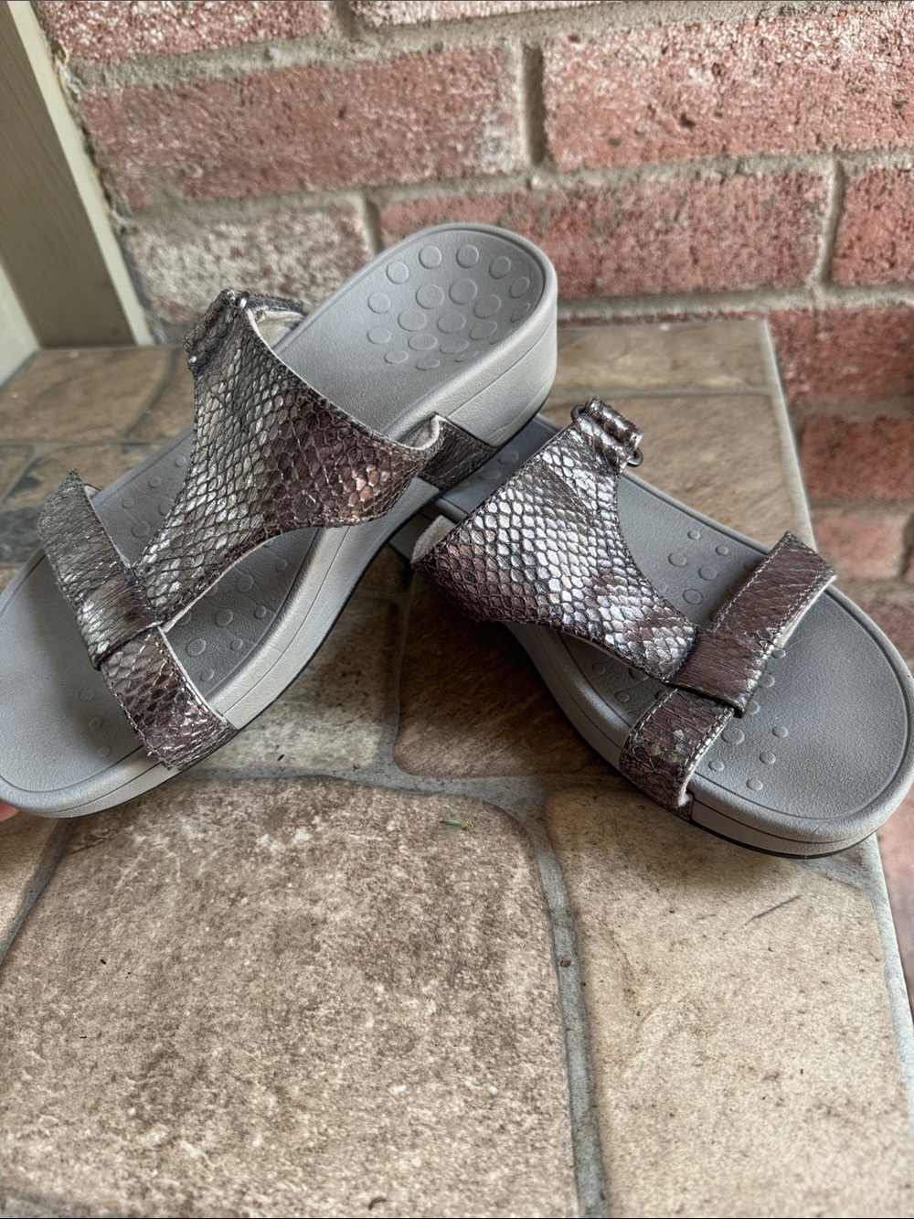Vionic Ellie Silver Snake-Print Slide Sandals